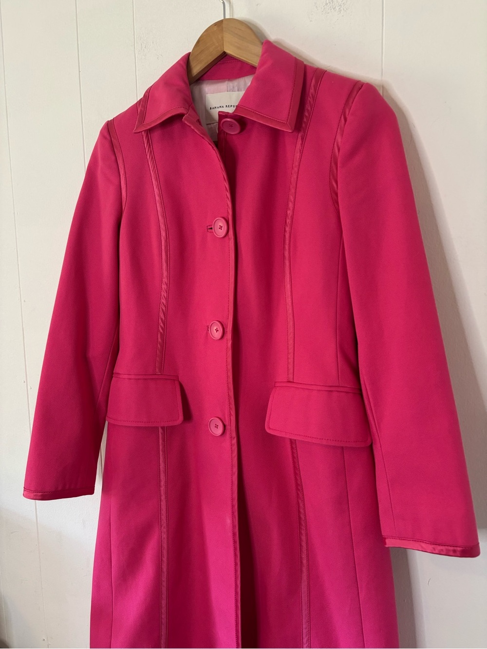 VTG Banana Republic Hot Pink Long Trench Coat, 2000s, Button Down, Cotton, XS - Picture 8 of 15
